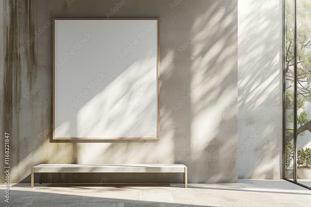 Poster blank canvas on textured wall with bench, sunlight.