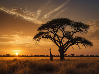 Obraz premium Cinematic and realistic photograph of a giraffe's silhouette in the vast savanna during the transition from evening to night