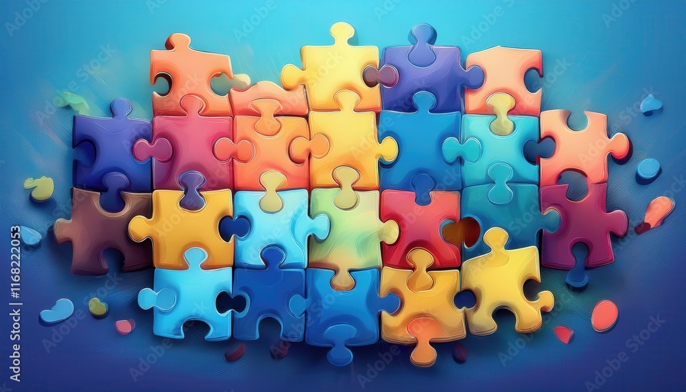 Poster colorful puzzle pieces arranged in a vibrant pattern, symbolizing creativity and problem-solving.