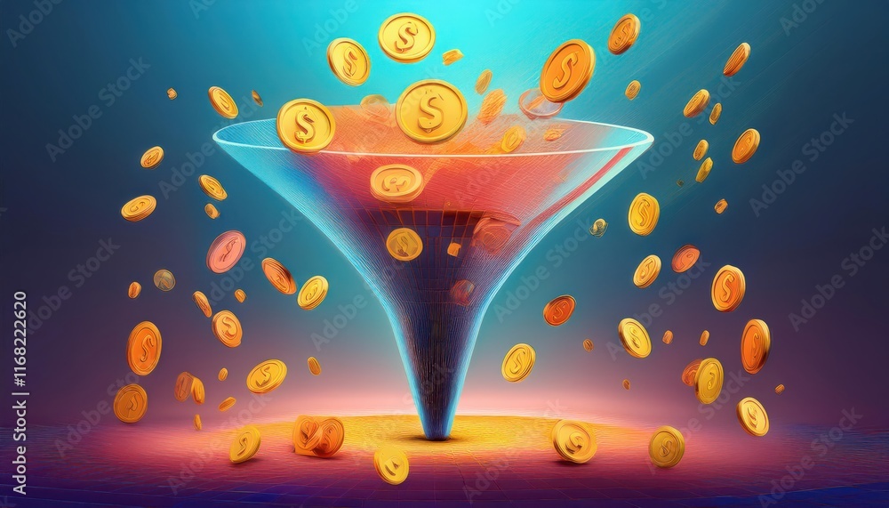 Poster a colorful funnel with coins swirling into it, symbolizing wealth accumulation and financial process