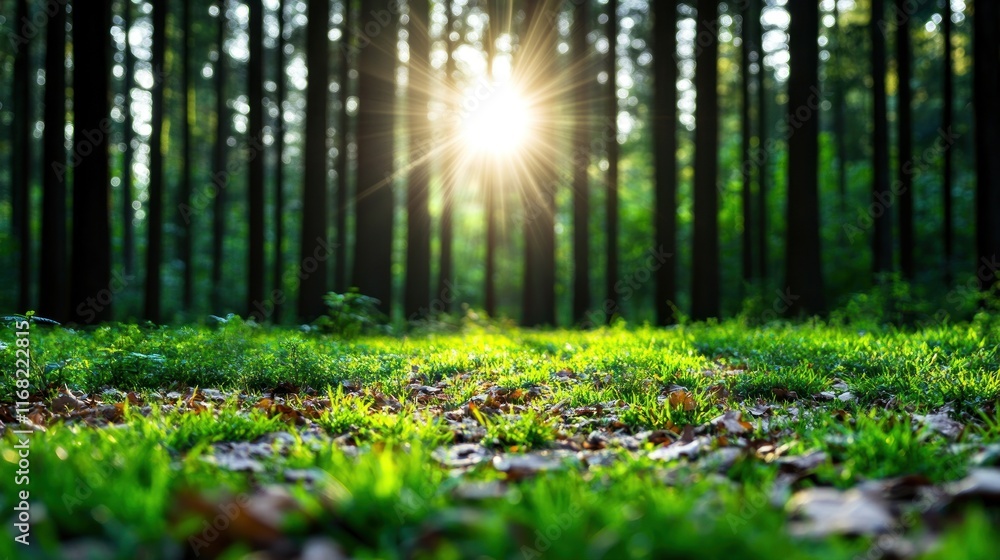 Poster sunlight filters through trees in a serene forest setting.