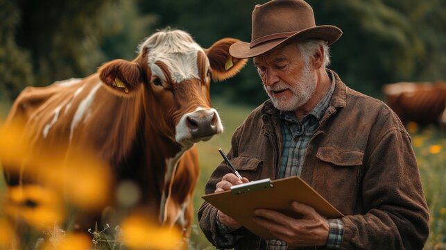 Senior farmer man cattle farming owner and his wife holding a clipboard with checklist details and taking care of cows in the countryside farm. - Powered by Adobe