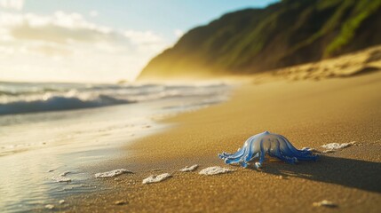 Obraz premium A blue jellyfish rests on a sandy beach with gentle waves and a scenic backdrop.
