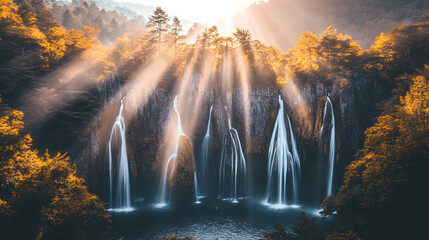 Majestic Waterfall Illuminated by Sunbeams Amidst Autumn Forest Scenery