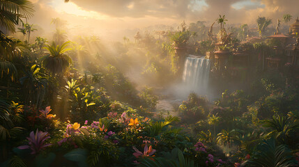 Enchanted Jungle Scene with Lush Vegetation and Golden Sun Rays