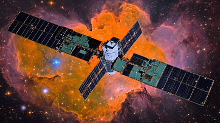Orbiting Spacecraft with Nebula Displaying Cosmic Beauty and Solar Panels