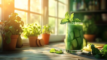 A refreshing green smoothie in a glass goblet, garnished with fresh mint, sits on a rustic wooden table by a sunlit kitchen window, surrounded by potted herbs, vibrant colors, and healthy, natural 