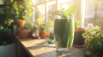 A refreshing green smoothie in a glass goblet, garnished with fresh mint, sits on a rustic wooden table by a sunlit kitchen window, surrounded by potted herbs, vibrant colors, and healthy, natural 