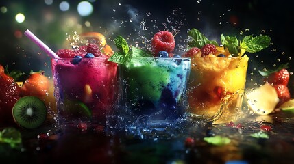 Colorful fruit smoothies in glass cups with fresh berries, mint leaves, and straws on a rustic wood surface; vibrant hues and creamy textures create a refreshing, appetizing presentation