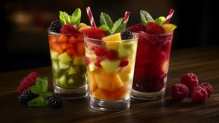Colorful fruit smoothies in glass cups with fresh berries, mint leaves, and straws on a rustic wood surface; vibrant hues and creamy textures create a refreshing, appetizing presentation