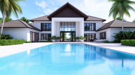 Fototapeta premium Modern villa with a pool surrounded by palm trees and greenery.