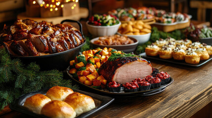 Obraz premium A table full of food with a variety of dishes including a ham, potatoes