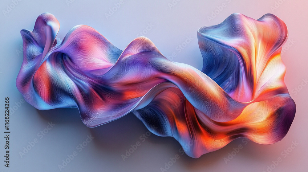 Poster a sleek iridescent minimalist curve shape against a light background, embodying modernity and subtle