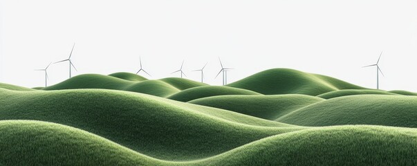 Obraz premium Rolling green hills with wind turbines generating clean energy.