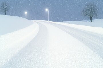 Gentle snowfall on a quiet street, snowflakes softly falling and covering everything, natural light, magical winter scene, modern art style, high resolution.