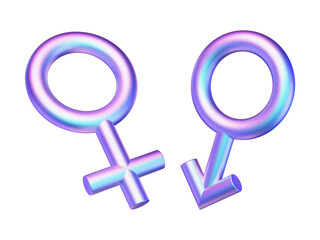 Futuristic 3d gender symbols. Holographic male and female signs. Cartoon heterosexual icons set. Vector illustration. Glossy love elements.