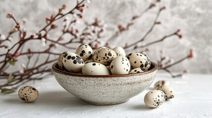Fototapeta premium Delicate Speckled Eggs Arranged in a Rustic Bowl Surrounded by Elegant Branches
