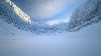 Serene Snow-Covered Valley Framed by Towering Cliff Faces Under Blue Skies