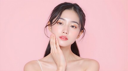 Korean Beauty Model with Flawless Glass Skin, Soft Pink Background, Gentle Touch, Skincare, Makeup, Glowing Face, Healthy Complexion, Close-up Beauty Portrait, Asian Female Model, Natural Makeup Look.