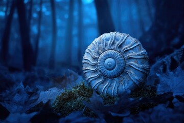 Ancient ammonite fossil rests on mossy forest floor under a twilight sky.