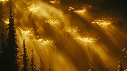 Golden Sun Rays Streaming Into Foggy Forest In Morning Light
