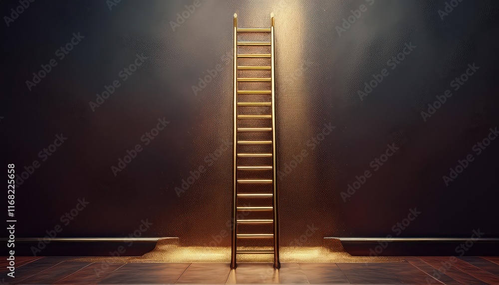 Poster a golden ladder stands against a dark background, illuminated by shimmering particles, creating a my