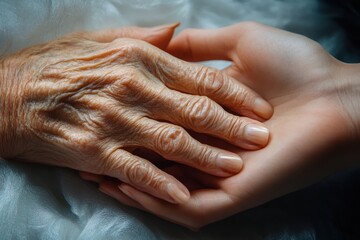 Fototapeta premium Young hand touching elderly hand in care support showing warmth connection tender affection solidarity at end of life on hospital bed for aging family