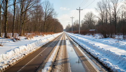 Fototapeta premium Clear road with melting snow under blue sky in serene winter landscape