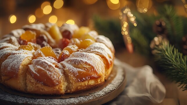 Rosc&oacute;n de Reyes, a traditional Spanish cake, adorned with candied fruits and powdered sugar, creates a festive atmosphere, surrounded by twinkling lights, pine branches, and warm, cozy ambiance