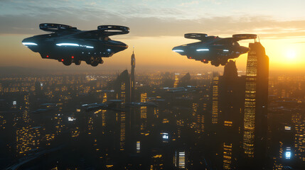 Futuristic City With Flying Vehicles at Sunset Amid Sleek Skyscrapers