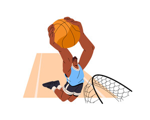 Basketball player does slam dunk on sports match. Professional sportsman jumps and goals. Athlete plays, hops and throws ball into basket, hoop. Flat isolated vector illustration on white background © Paper Trident