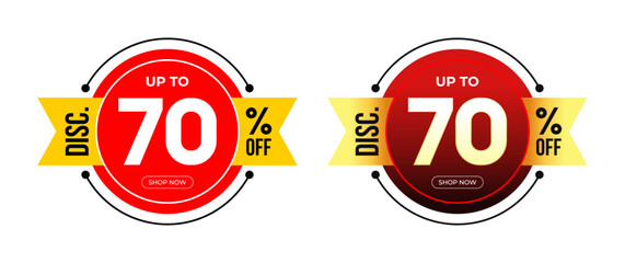 Discount Sticker of Special Offer discount up to 70% Off percent. Black and Red Gradient background isolated on white. Circle frame with ribbon. For Tag, Price, Discount Label. Vector Illustration