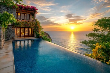 Obraz premium Luxury infinity pool overlooking tropical ocean at sunset in bali