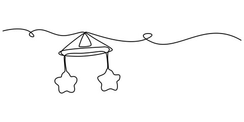 One line continuous of baby hanging toys. Minimalist style vector illustration in white background, Children s toys over the crib, mobile one line art. Continuous line drawing of childhood, safety. 