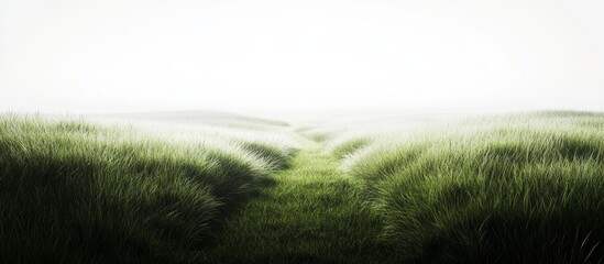 Naklejka premium Misty Path Through Lush Green Grass Field.