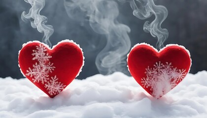 Fototapeta premium Romantic love red heartы with smoke on background for copy space. With snow texture overlays