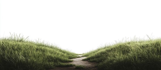 Grassy path leading to bright sky.