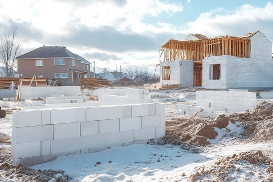 Construction site with unfinished building and aerated concrete blocks in winter