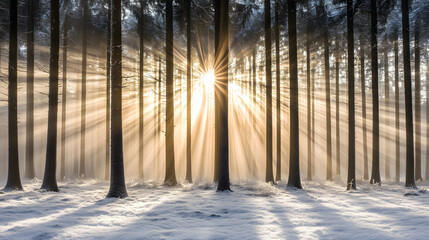 Sunlight Streaming Through Snowy Winter Forest with Frozen Trees