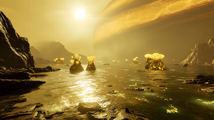 Golden Alien Landscape with Floating Islands and Mysterious Atmosphere