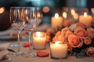 Romantic table setting with candles, roses, and wine glasses