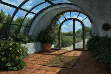 Fototapeta premium An inviting indoor greenhouse filled with vibrant plants, showcasing the beauty of indoor gardening. Sunlight illuminates the space, creating a serene atmosphere.