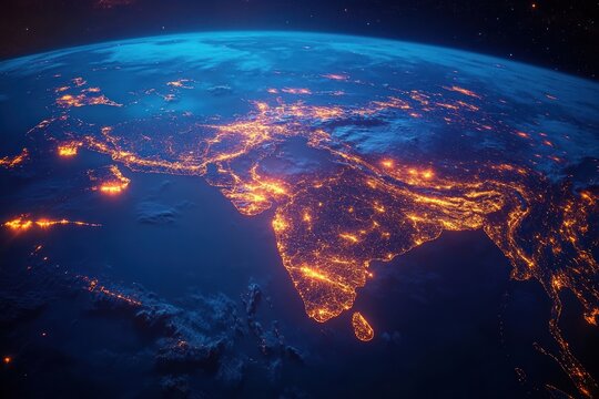 Stunning Satellite View of Asia at Night with City Lights and Dramatic Lighting from Space