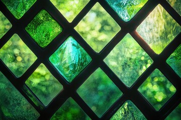 Green stained glass window panes create a diamond pattern, showcasing a blurred green garden backdrop.