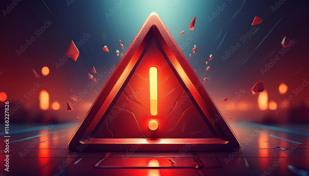 Poster a glowing red triangular warning symbol with an exclamation mark, surrounded by floating particles, 