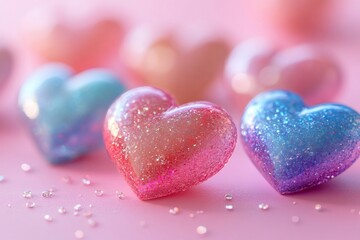 Obraz premium Glittering resin hearts creating romantic atmosphere on pink background