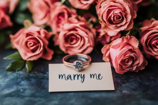 Marry me proposal with engagement ring and pink roses bouquet