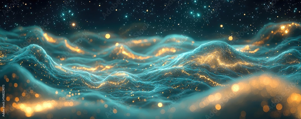 Poster Galaxy abstract background concept. Enchanting waves illuminated by soft glowing lights, creating a mesmerizing ocean scene.