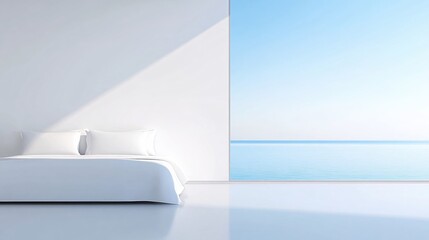 Modern Minimalist Bedroom with Ocean View, White Bed and Bright Natural Light