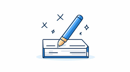 Blue pencil writing on book; sparkles; white background; education concept; website, blog, or app icon.